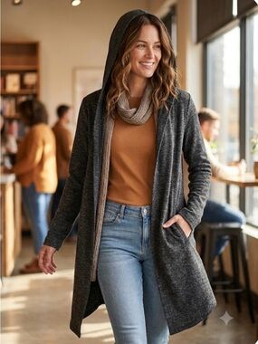 NWT Bluenotes Charcoal Grey Longline Hooded Cardigan Medium
